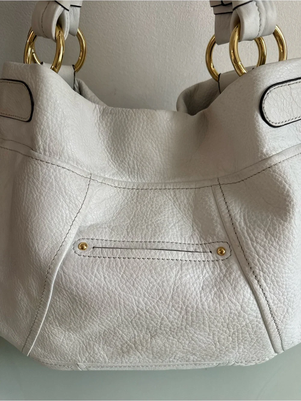 b. makowsky White Leather Shoulder Bag with Gold Ring Detail